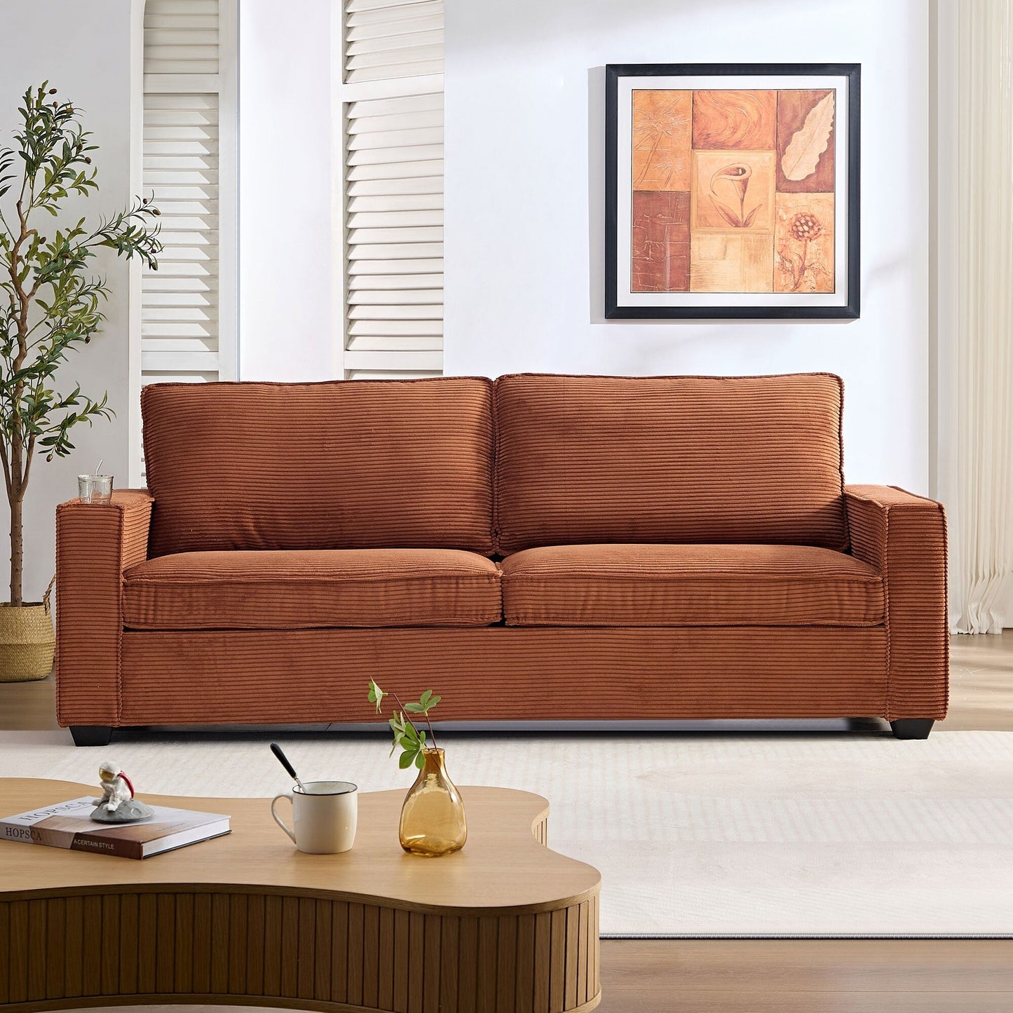 Canapé 3 places moderne en velours côtelé 87,4 avec porte-gobelet et sacs de rangement pour le salon