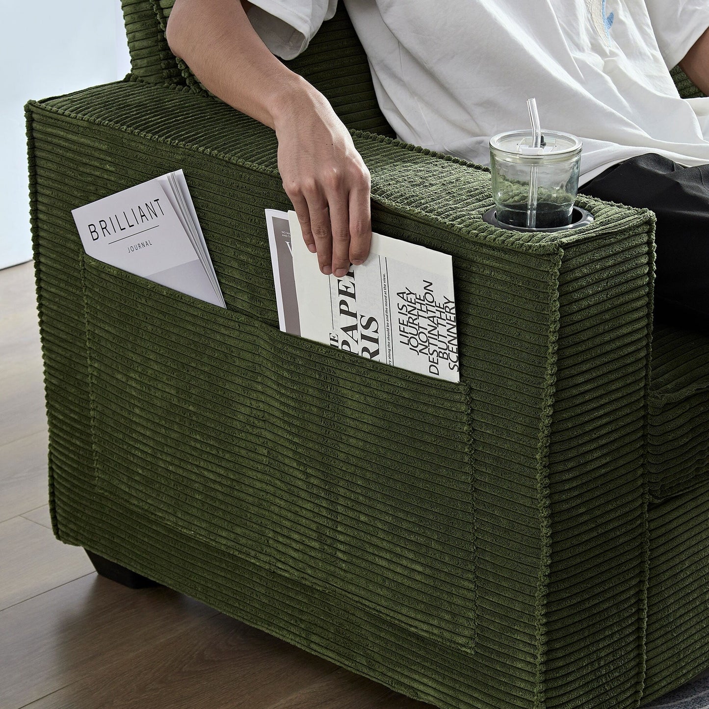 Canapé 3 places moderne en velours côtelé 87,4 avec porte-gobelet et sacs de rangement pour le salon