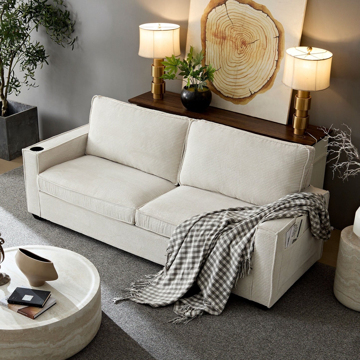 Canapé 3 places moderne en velours côtelé 87,4 avec porte-gobelet et sacs de rangement pour le salon