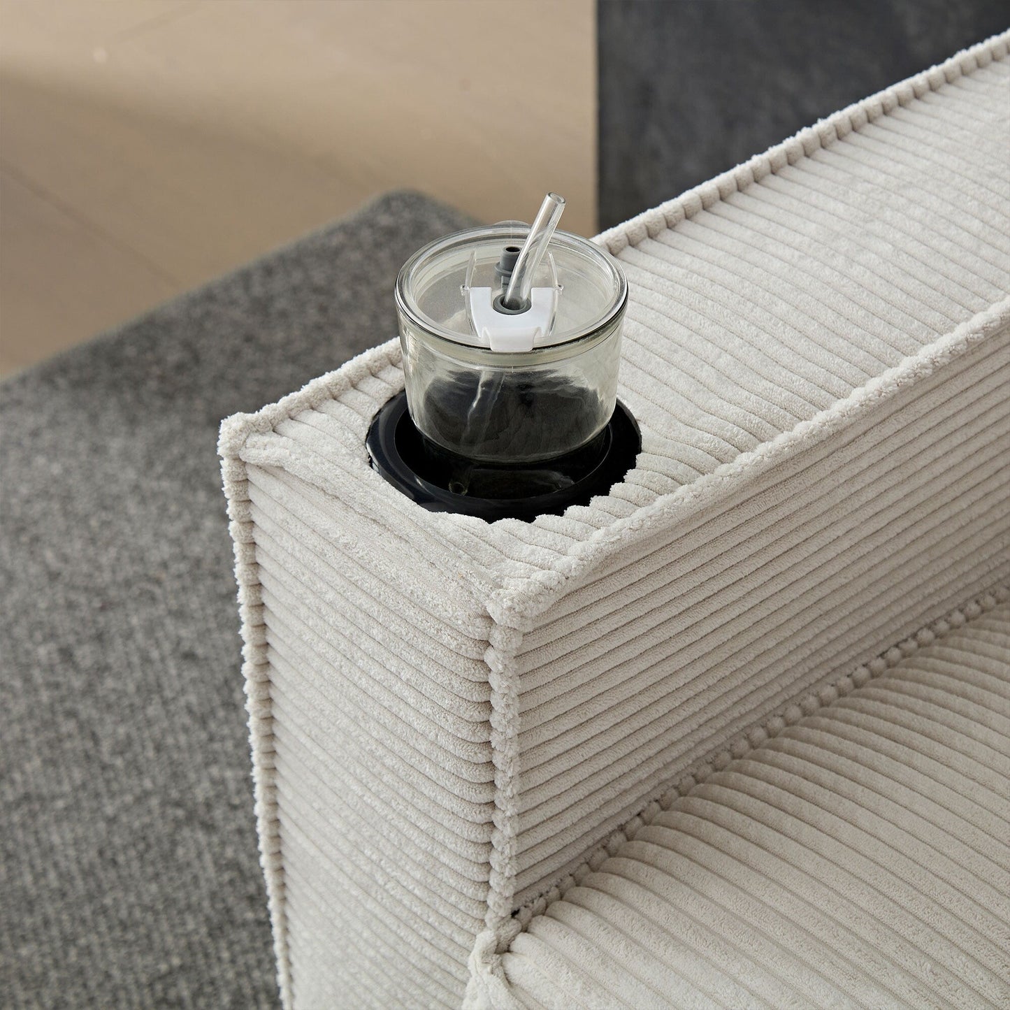 Canapé 3 places moderne en velours côtelé 87,4 avec porte-gobelet et sacs de rangement pour le salon