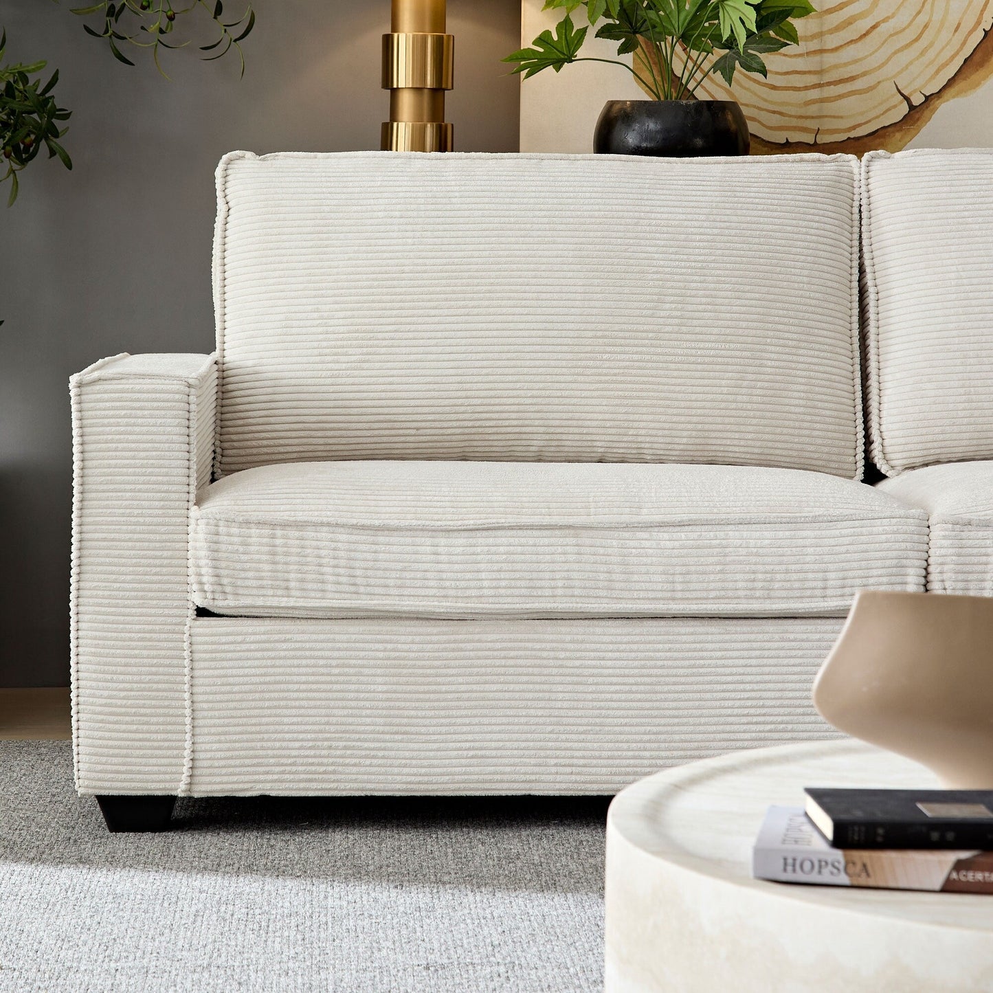 Canapé 3 places moderne en velours côtelé 87,4 avec porte-gobelet et sacs de rangement pour le salon