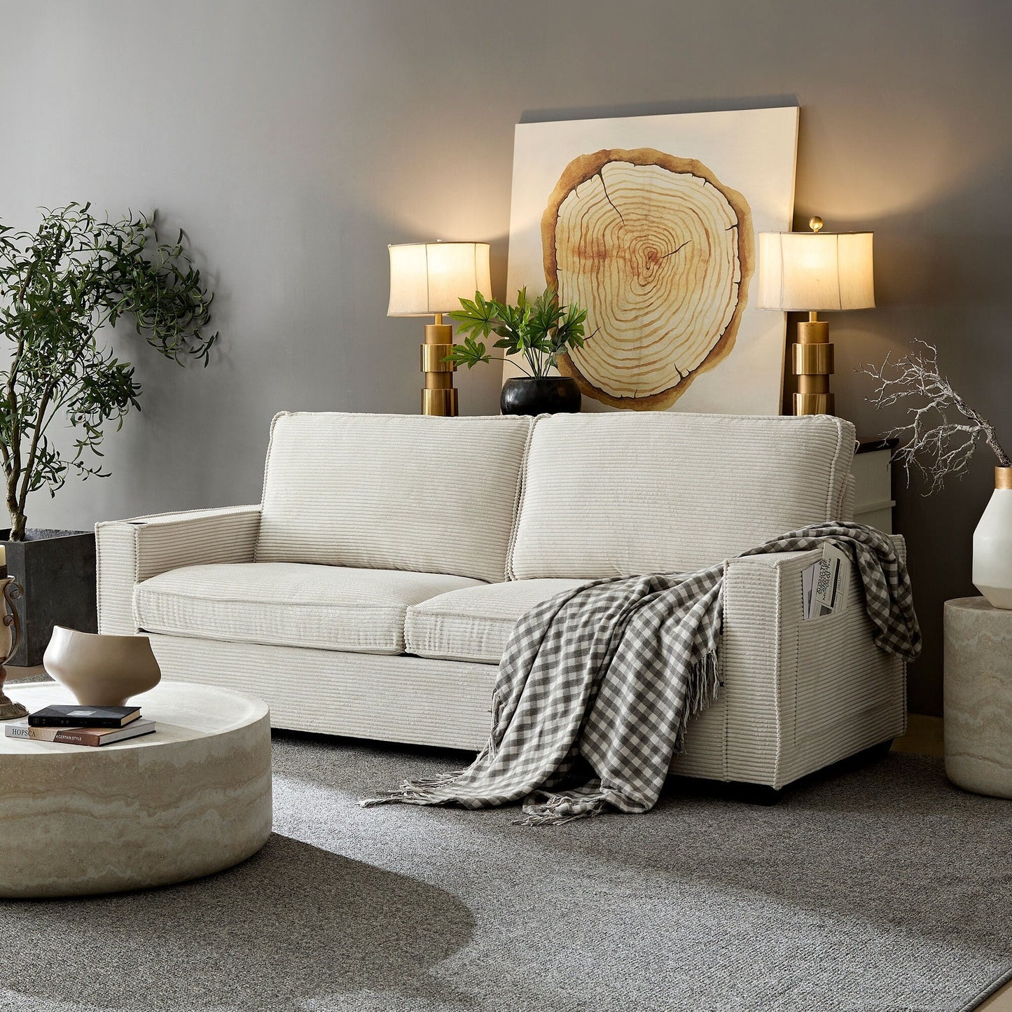 Canapé 3 places moderne en velours côtelé 87,4 avec porte-gobelet et sacs de rangement pour le salon