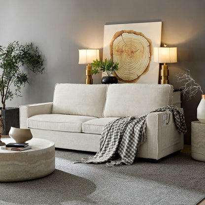 Canapé 3 places moderne en velours côtelé 87,4 avec porte-gobelet et sacs de rangement pour le salon