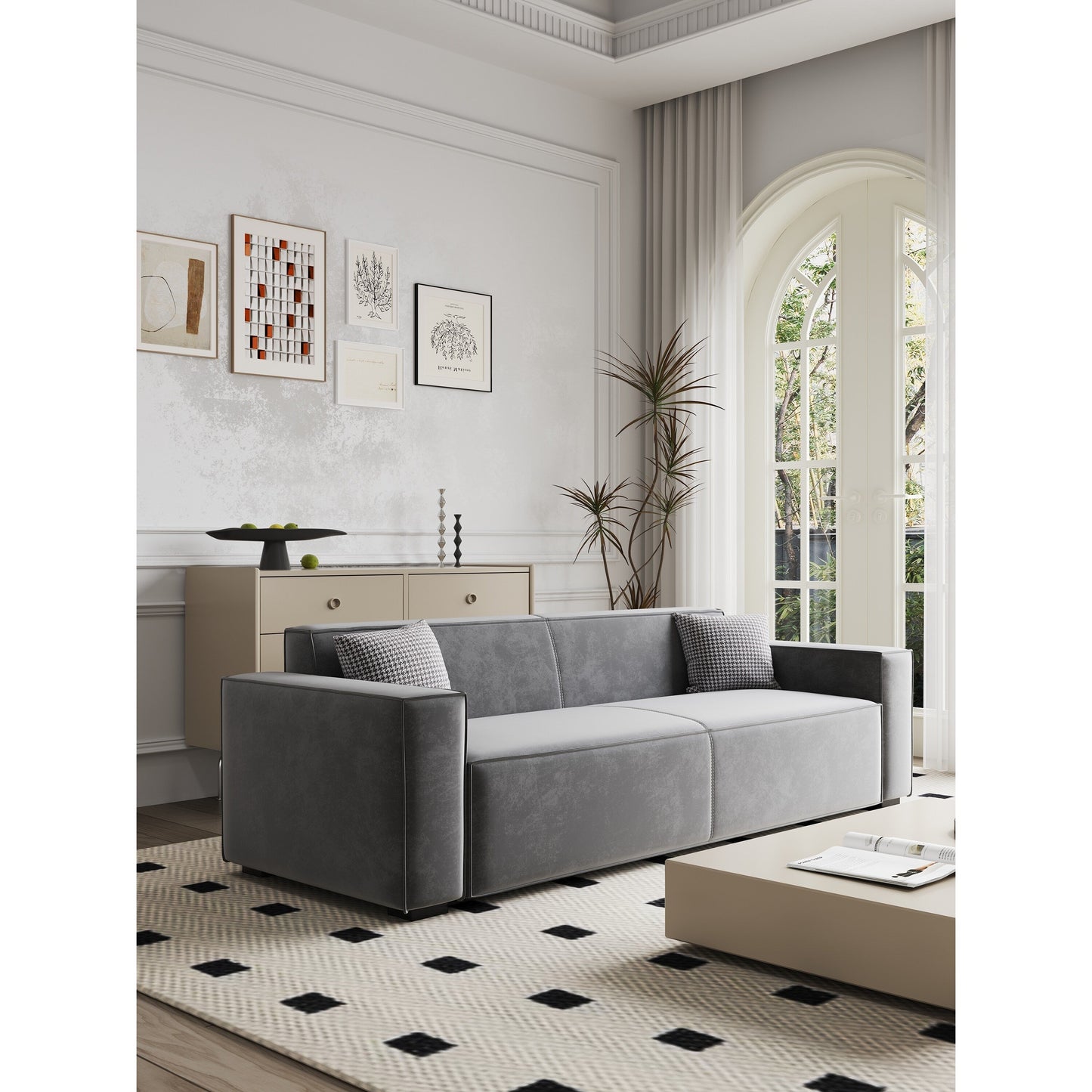 Canapé causeuse moderne rembourré en chenille 88,6 avec 4 pieds en bois massif et 2 coussins pour le salon