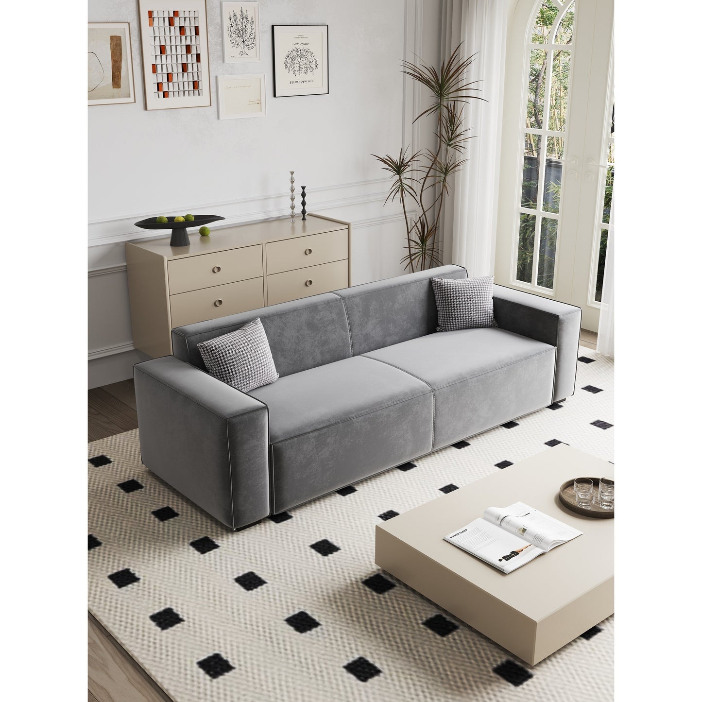 Canapé causeuse moderne rembourré en chenille 88,6 avec 4 pieds en bois massif et 2 coussins pour le salon