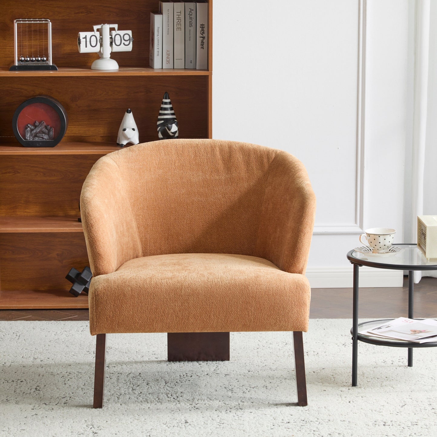Fauteuil d'appoint moderne avec dossier rond et pieds en bois - Fauteuil de salon ou de bureau d'inspiration milieu de siècle - Revêtement en tissu doux