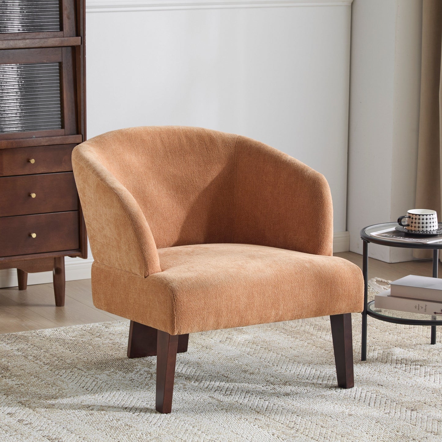 Fauteuil d'appoint moderne avec dossier rond et pieds en bois - Fauteuil de salon ou de bureau d'inspiration milieu de siècle - Revêtement en tissu doux