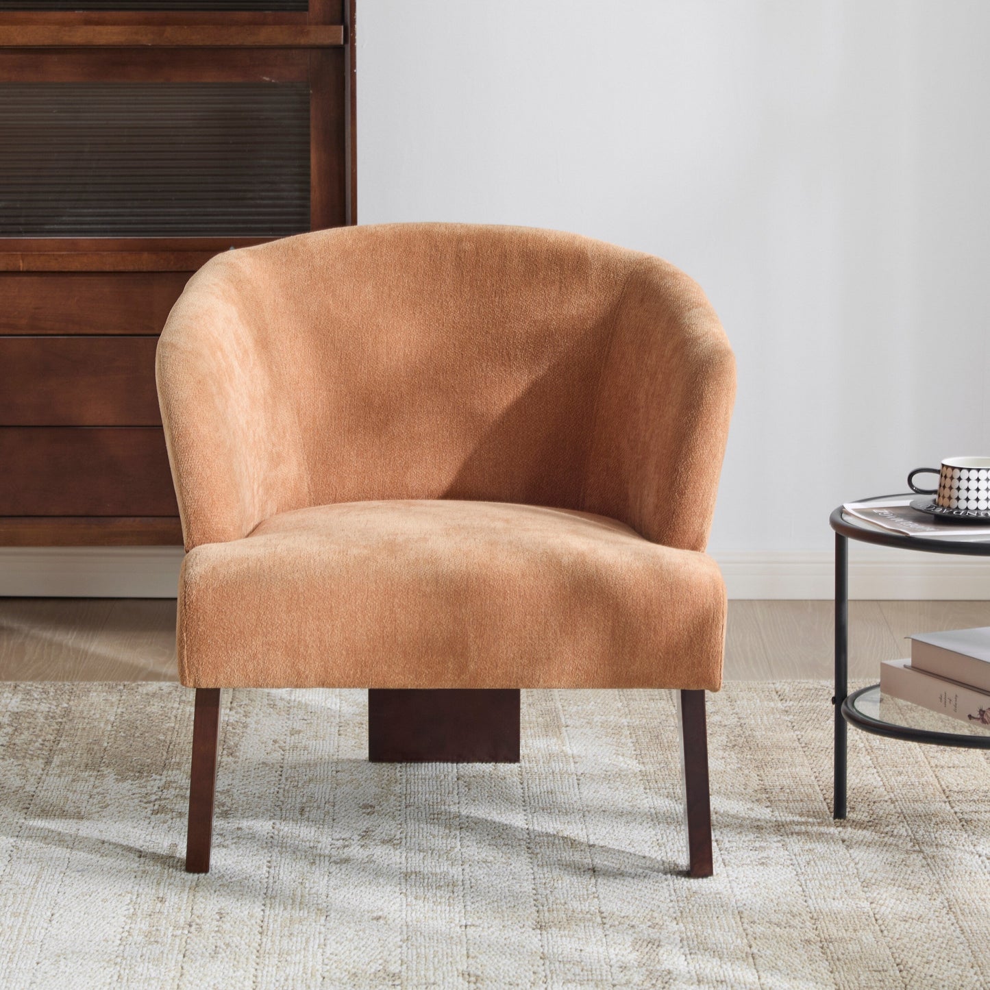 Fauteuil d'appoint moderne avec dossier rond et pieds en bois - Fauteuil de salon ou de bureau d'inspiration milieu de siècle - Revêtement en tissu doux