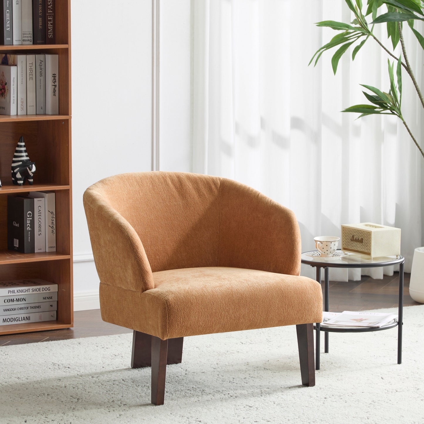 Fauteuil d'appoint moderne avec dossier rond et pieds en bois - Fauteuil de salon ou de bureau d'inspiration milieu de siècle - Revêtement en tissu doux