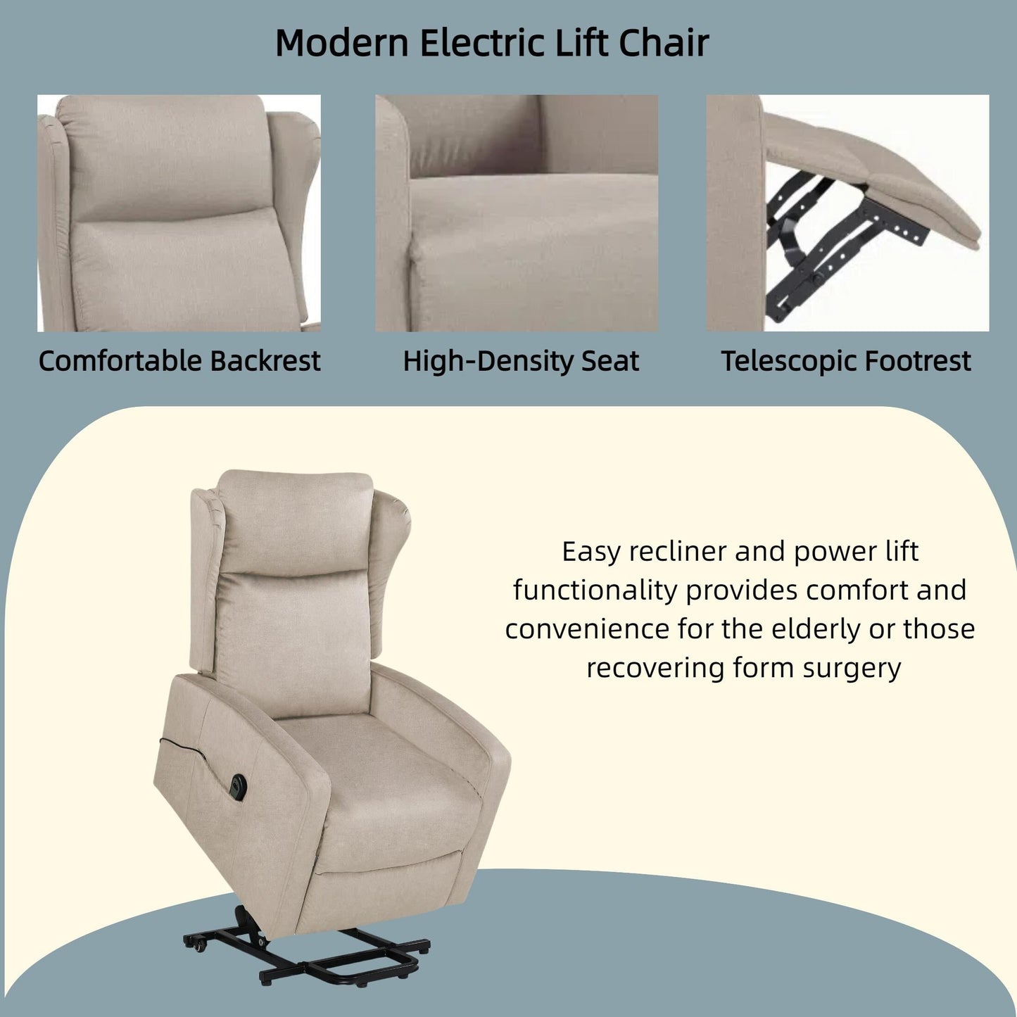 Fauteuil inclinable électrique moderne et réglable en lin, avec télécommande, poche latérale et repose-pieds télescopique