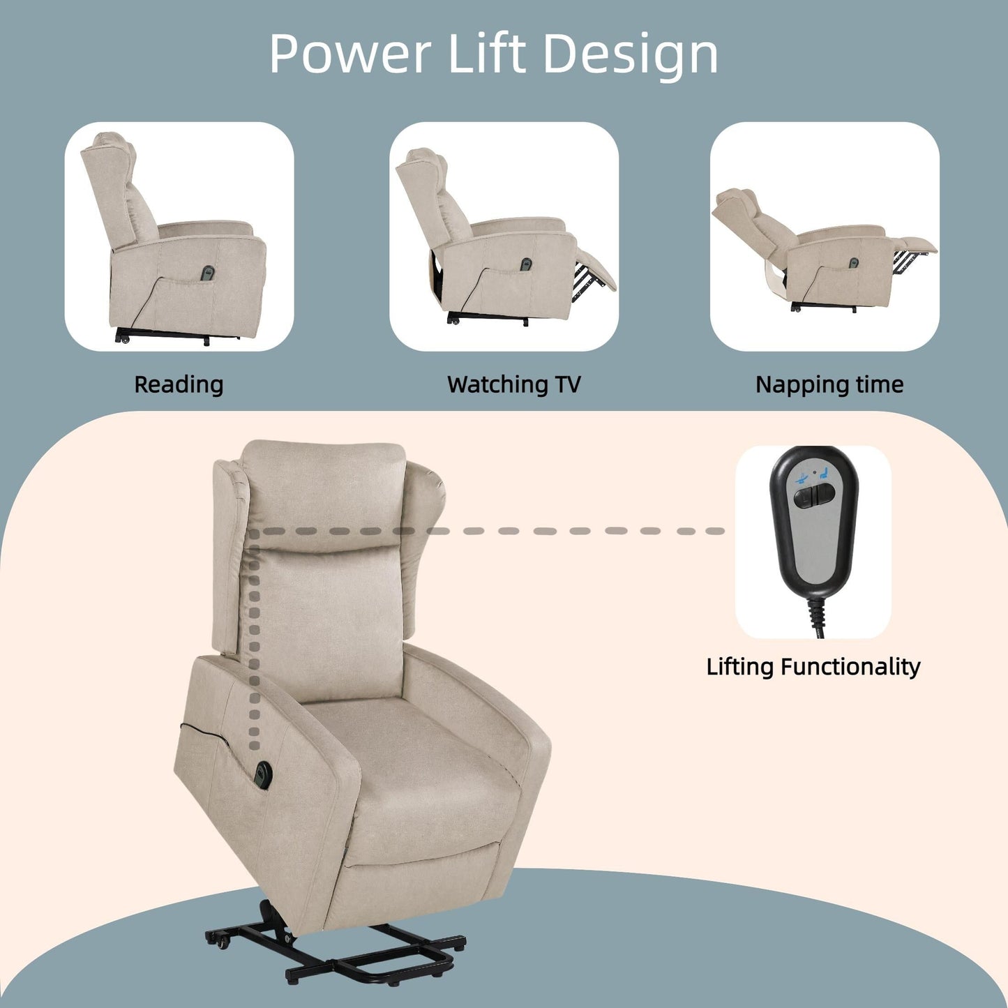 Fauteuil inclinable électrique moderne et réglable en lin, avec télécommande, poche latérale et repose-pieds télescopique