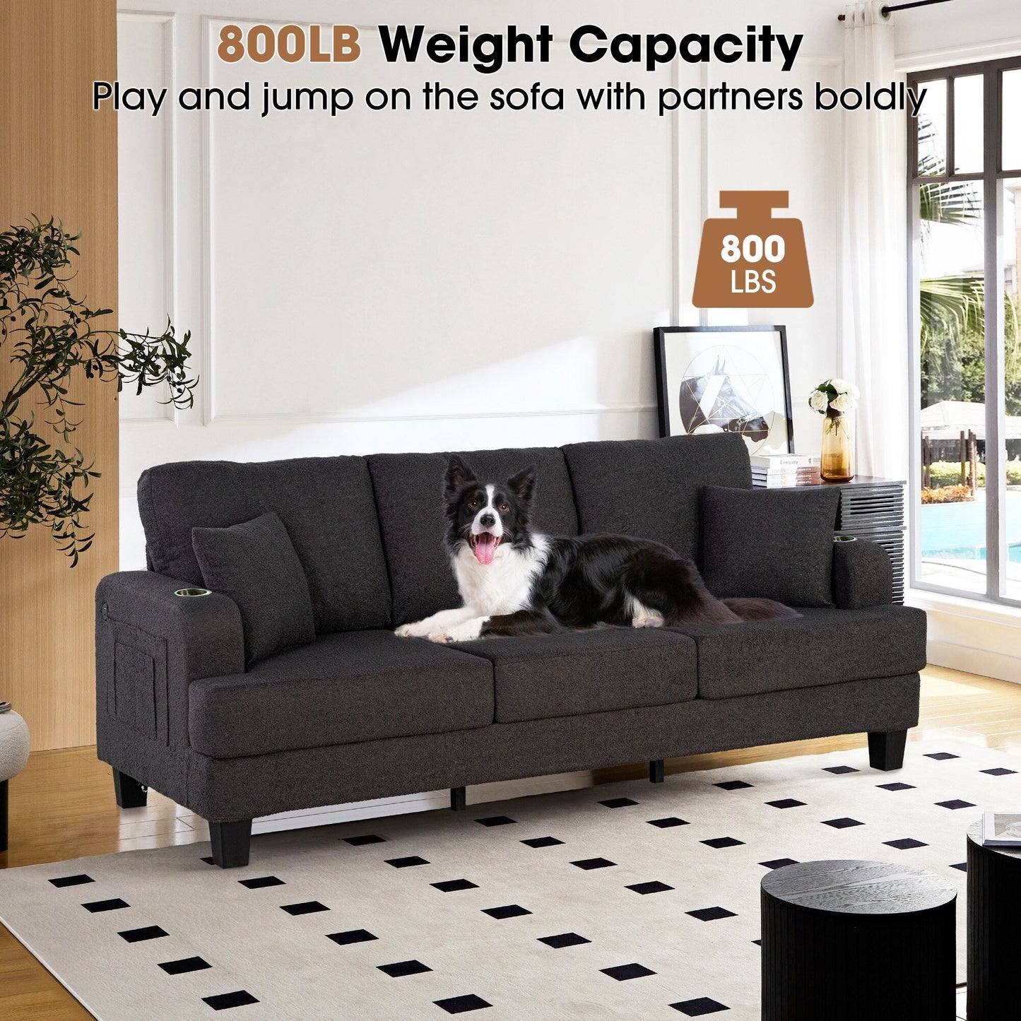 Ensemble de salon moderne 3 pièces en tissu noir avec causeuse et pouf