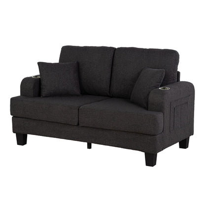 Ensemble de causeuse moderne en tissu noir avec 2 porte-gobelets et 2 oreillers
