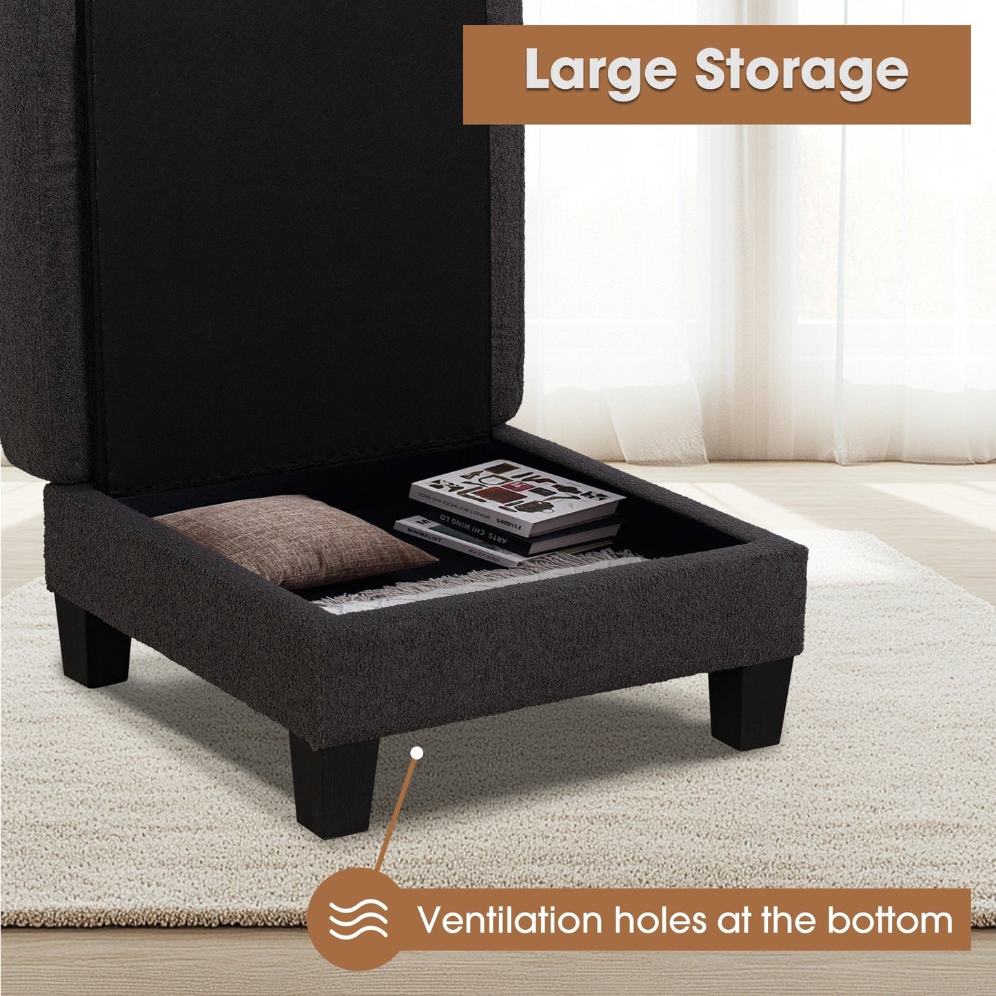 Pouf moderne en tissu noir avec fonction de rangement