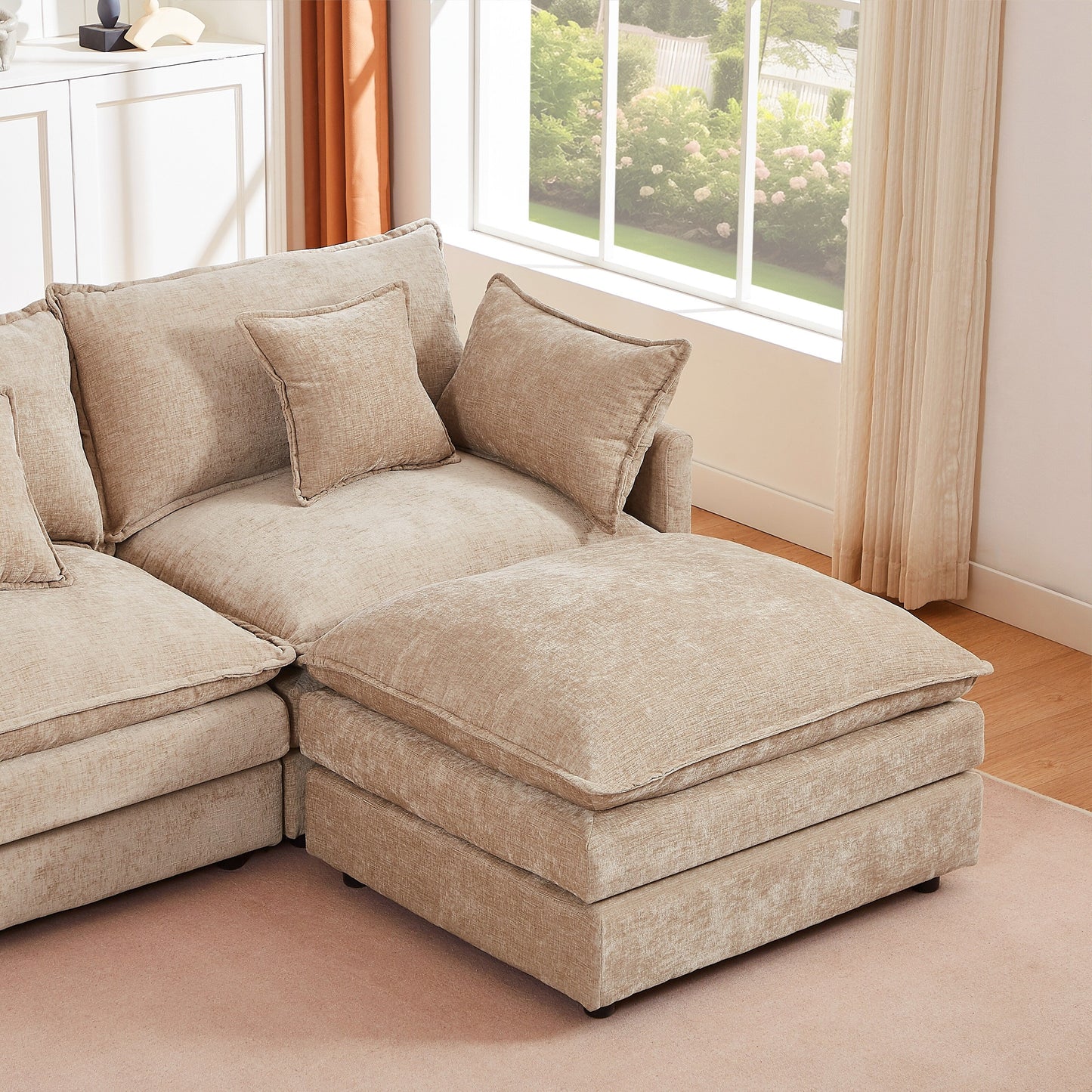 Canapé modulable en L 3 places en chenille moderne avec pouf amovible pour salon