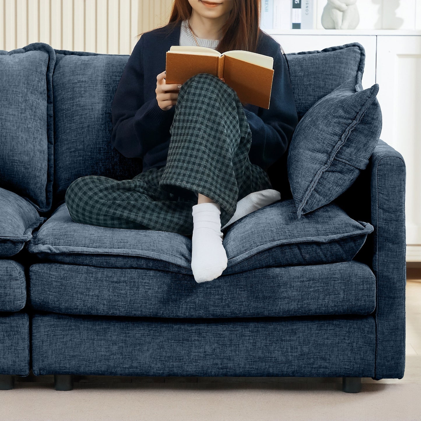 Canapé modulable en L 3 places en chenille moderne avec pouf amovible pour salon