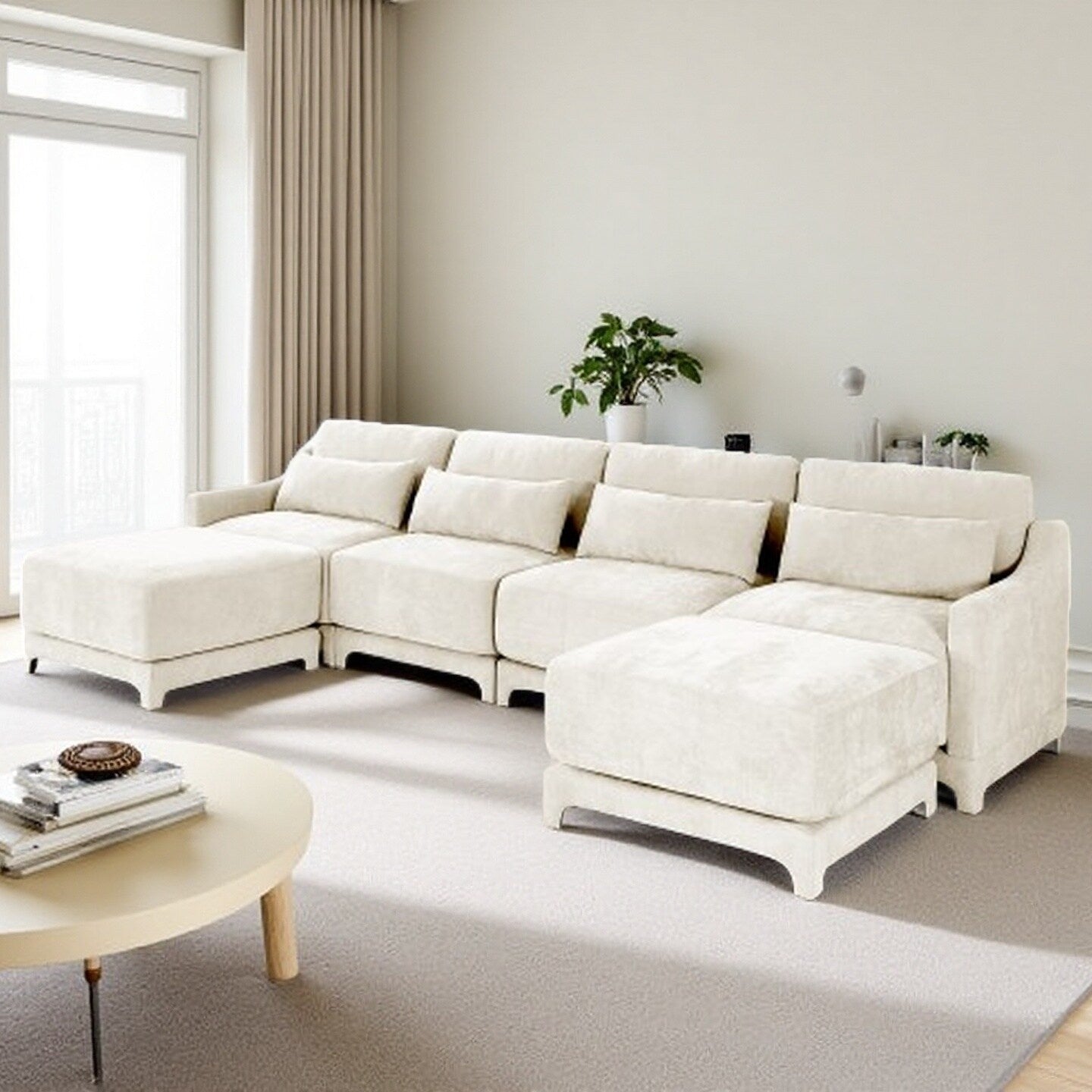 Canapé 4 places moderne en chenille avec 2 poufs, coussins lombaires, dossier ergonomique, éponge haute résilience et accoudoirs capitonnés