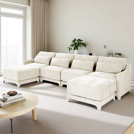 Canapé 4 places moderne en chenille avec 2 poufs, coussins lombaires, dossier ergonomique, éponge haute résilience et accoudoirs capitonnés