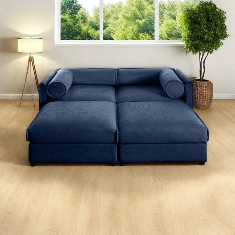 Canapé 6 places moderne en chenille avec rangement ottoman, rangement dissimulé, accoudoirs et dossier cylindriques rembourrés