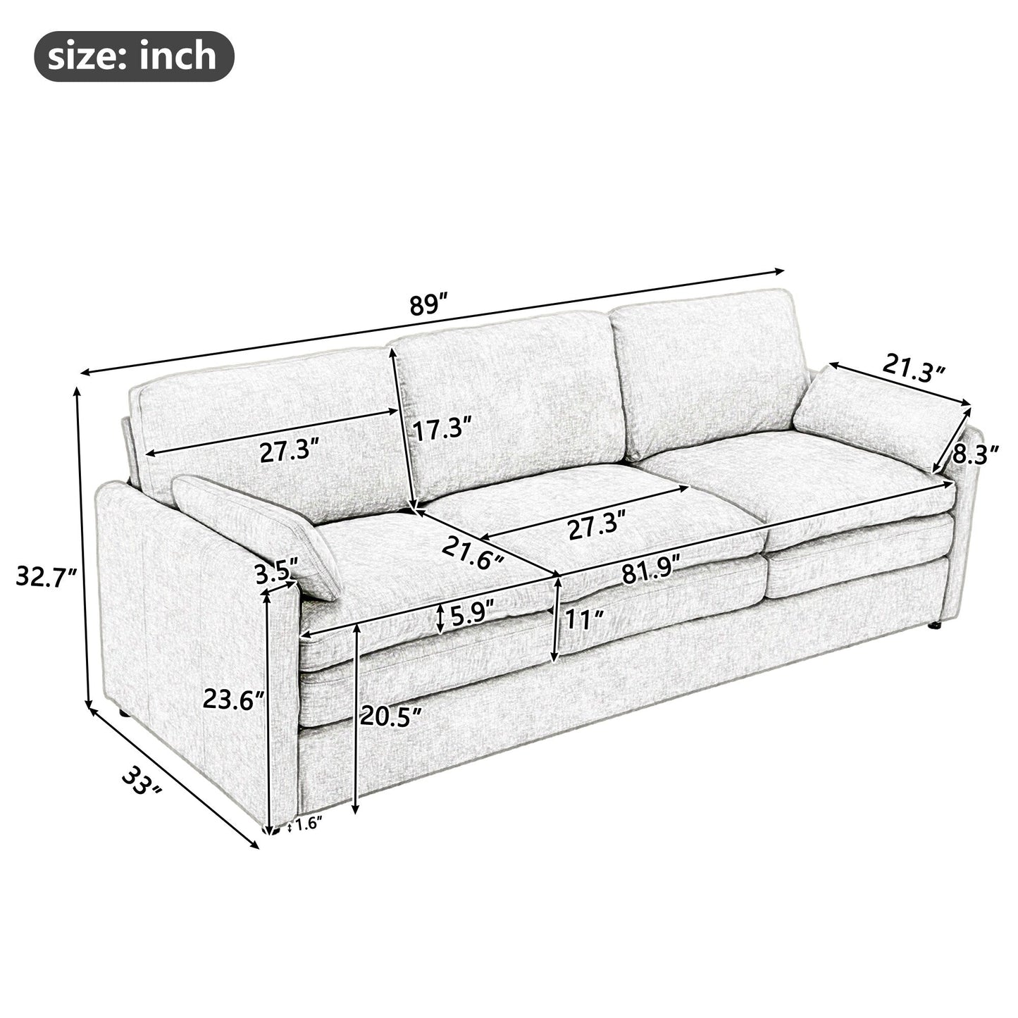 Canapé 3 places moderne et confortable en chenille, canapé 3 places confortable Cloud avec 2 coussins lombaires et coussins en peluche