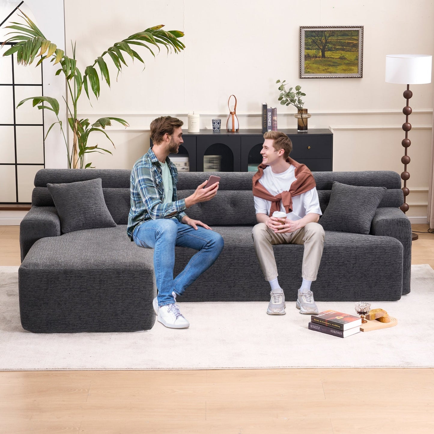 Canapé modulable convertible en L 4 places en chenille moderne avec 2 coussins pour salon d'appartement