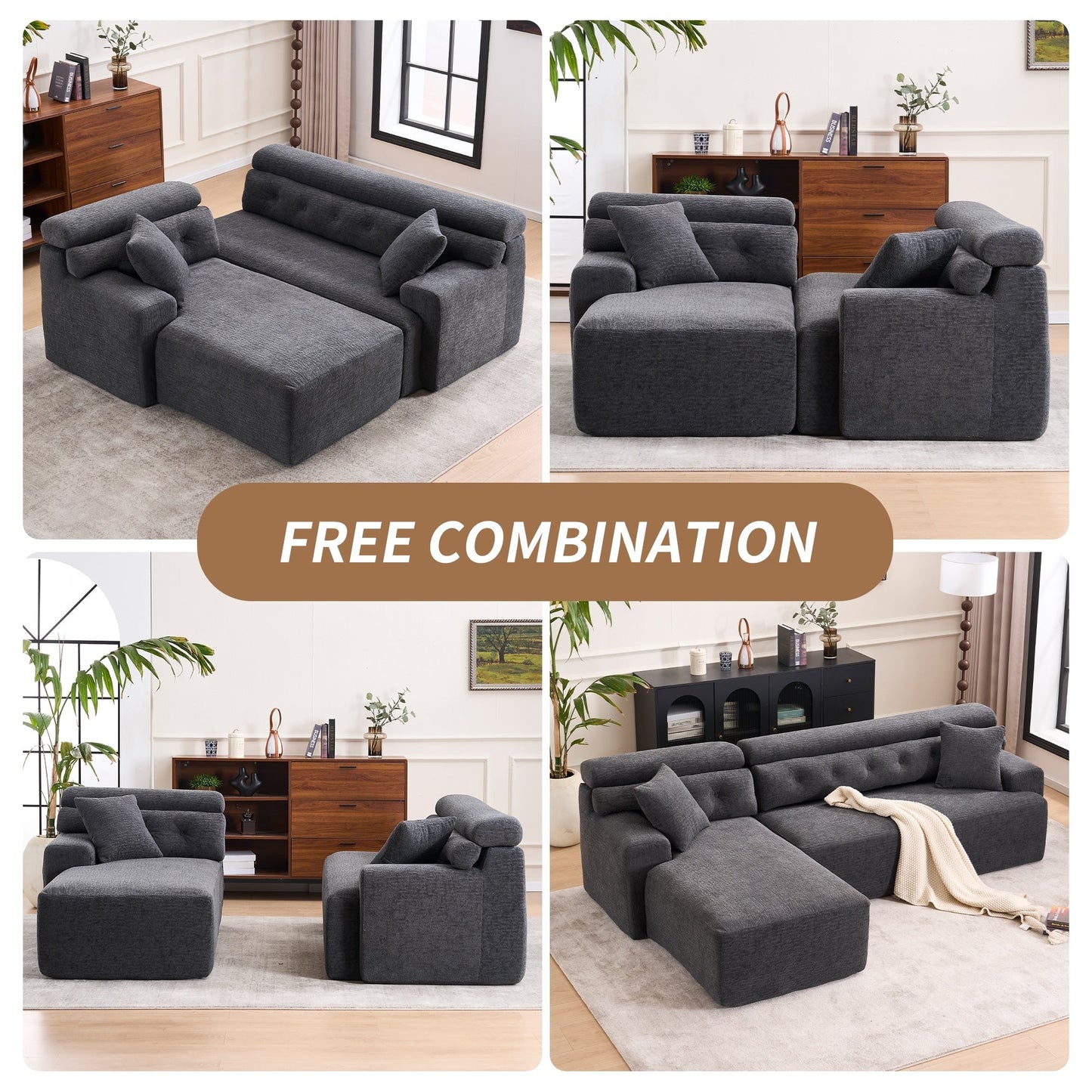 Canapé modulable convertible en L 4 places en chenille moderne avec 2 coussins pour salon d'appartement