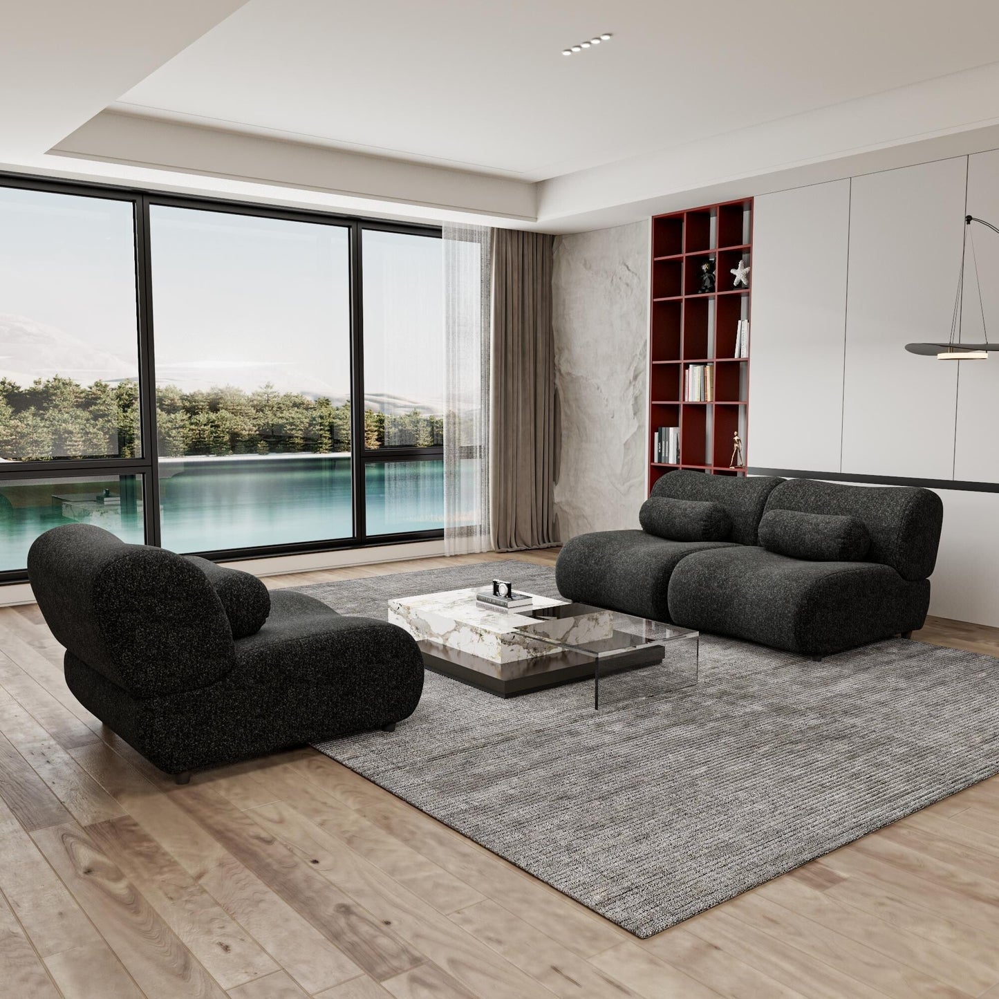 Canapé modulaire 3 places incurvé en chenille moderne avec coussins cylindriques pour le salon