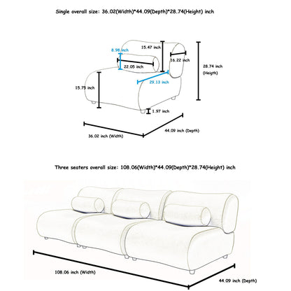 Canapé modulaire 3 places incurvé en chenille moderne avec coussins cylindriques pour le salon