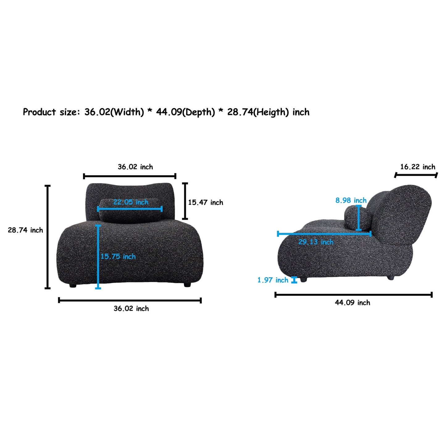 Canapé modulaire 3 places incurvé en chenille moderne avec coussins cylindriques pour le salon