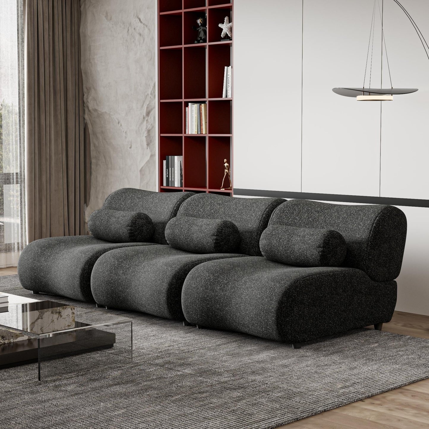 Canapé modulaire 3 places incurvé en chenille moderne avec coussins cylindriques pour le salon