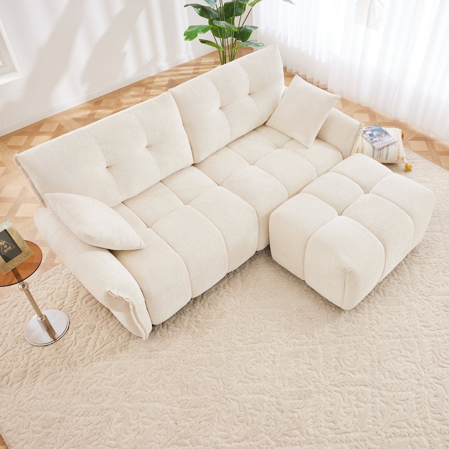 Canapé 2 places moderne en tissu chenille avec pouf