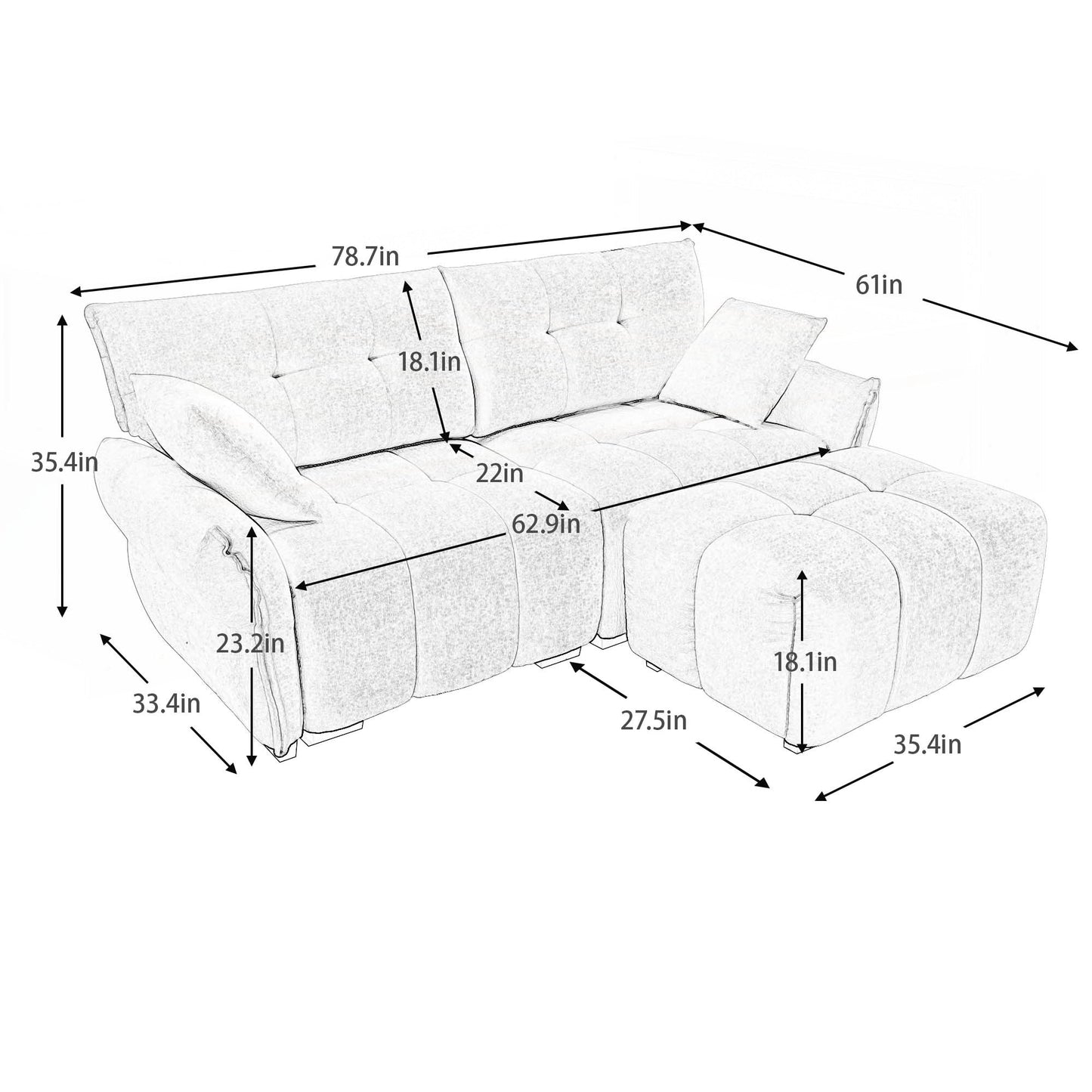 Canapé 2 places moderne en tissu chenille avec pouf