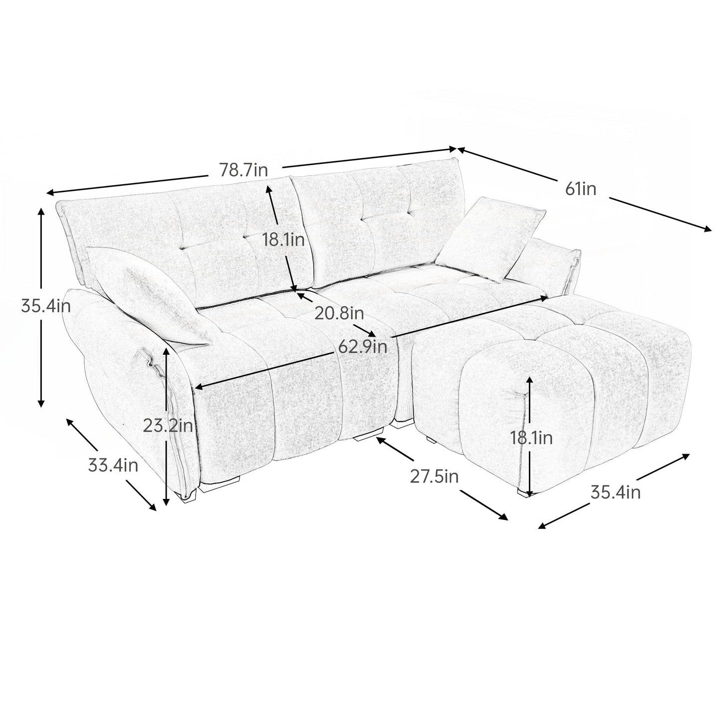 Canapé 2 places moderne en tissu chenille avec pouf