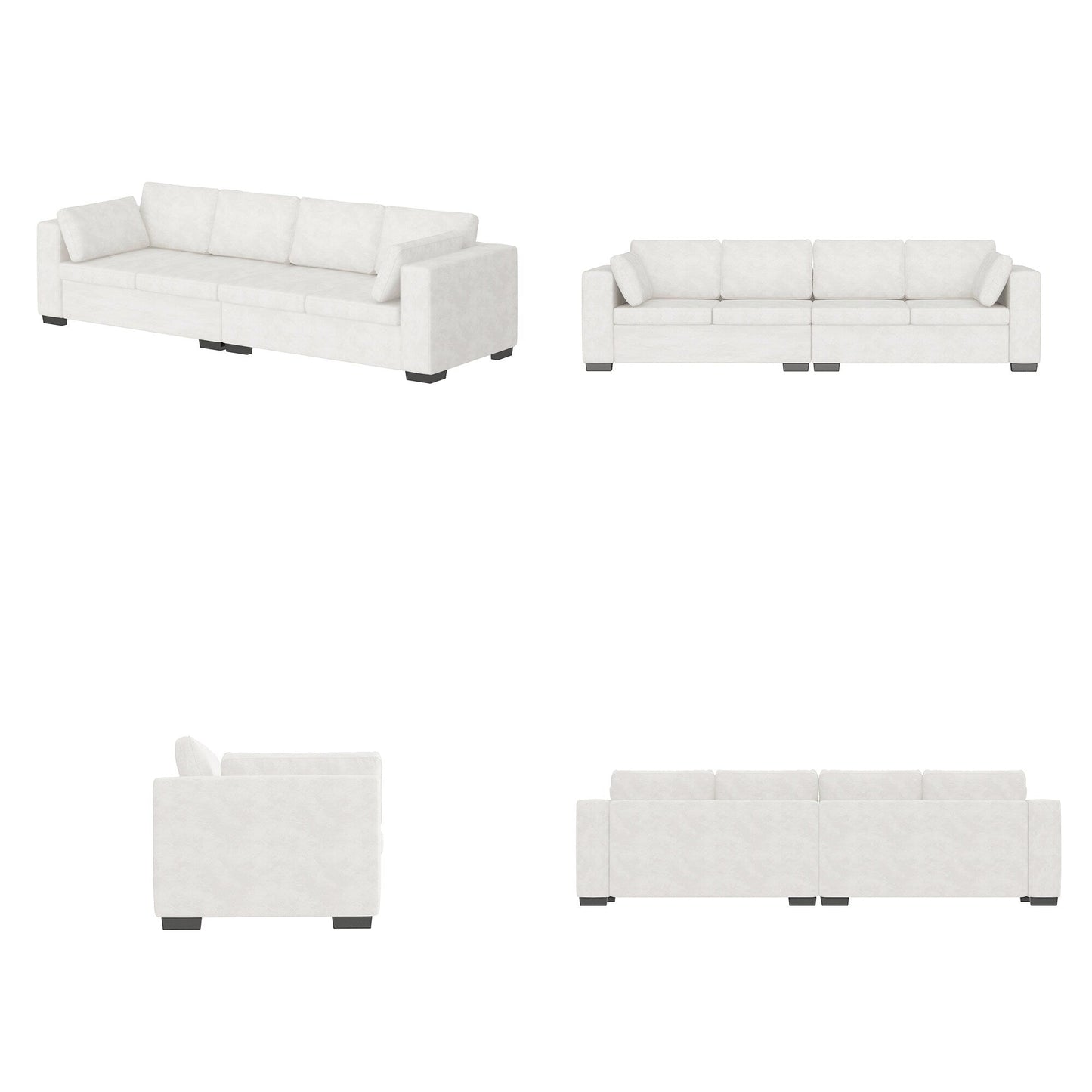 Canapé 4 places moderne en tissu chenille blanc cassé, structure en bois, mousse haute élasticité