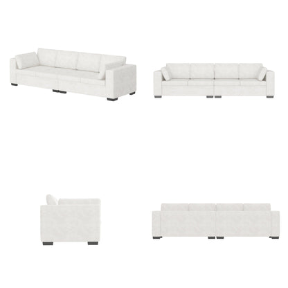 Canapé 4 places moderne en tissu chenille blanc cassé, structure en bois, mousse haute élasticité