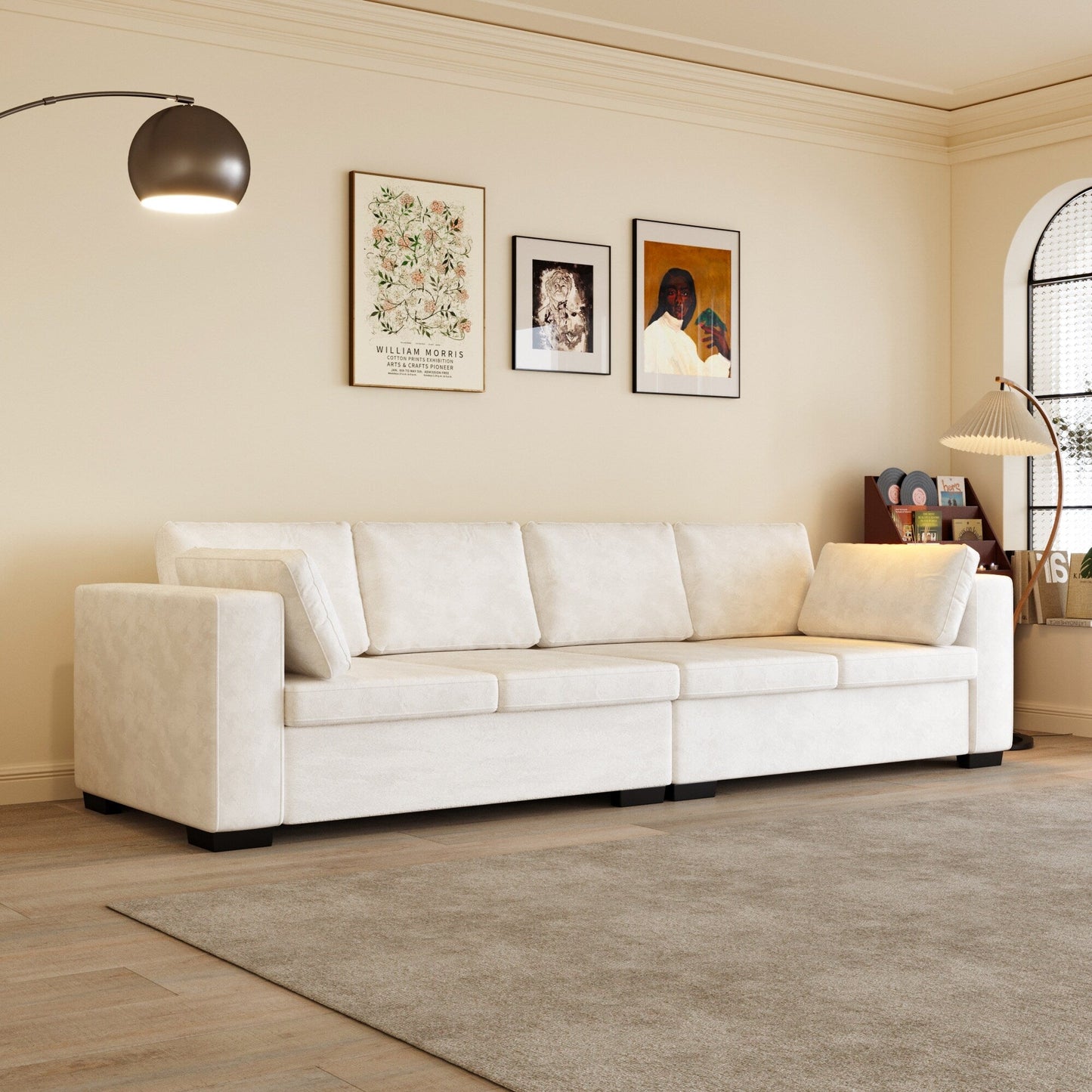 Canapé 4 places moderne en tissu chenille blanc cassé, structure en bois, mousse haute élasticité