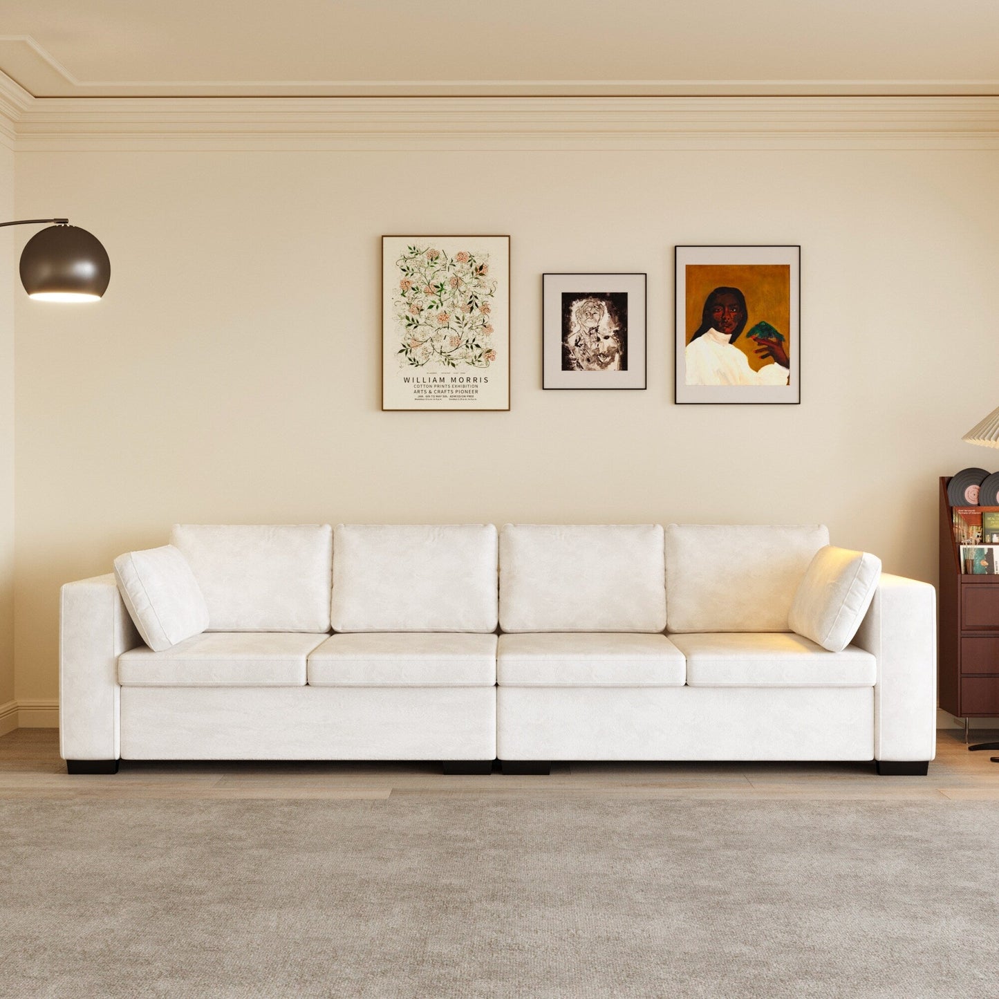 Canapé 4 places moderne en tissu chenille blanc cassé, structure en bois, mousse haute élasticité