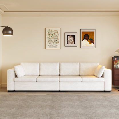 Canapé 4 places moderne en tissu chenille blanc cassé, structure en bois, mousse haute élasticité