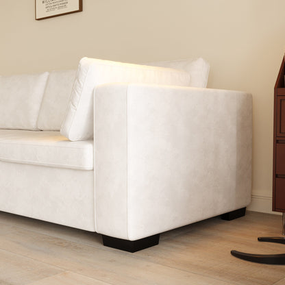 Canapé 4 places moderne en tissu chenille blanc cassé, structure en bois, mousse haute élasticité