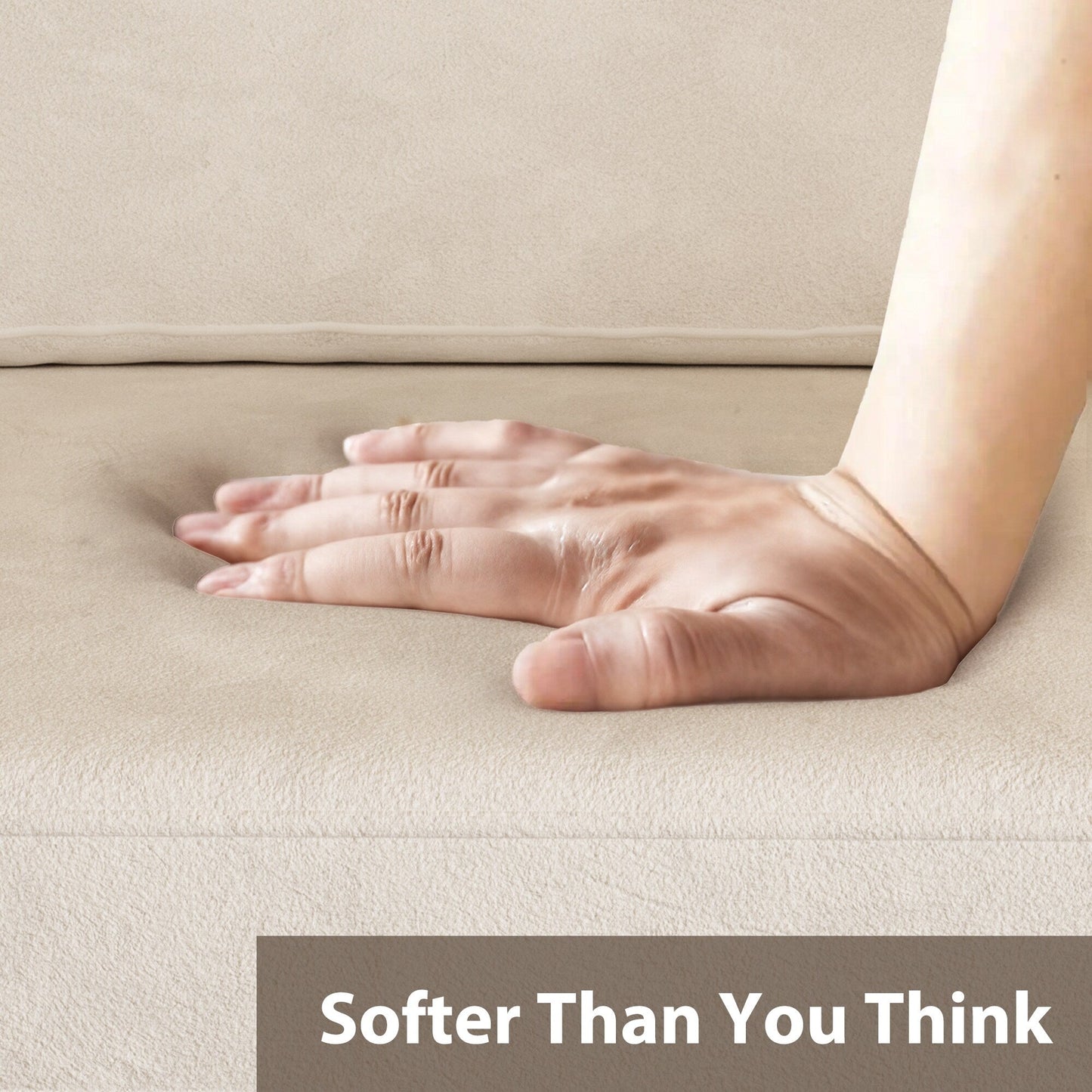 Canapé 4 places moderne en tissu chenille blanc cassé, structure en bois, mousse haute élasticité