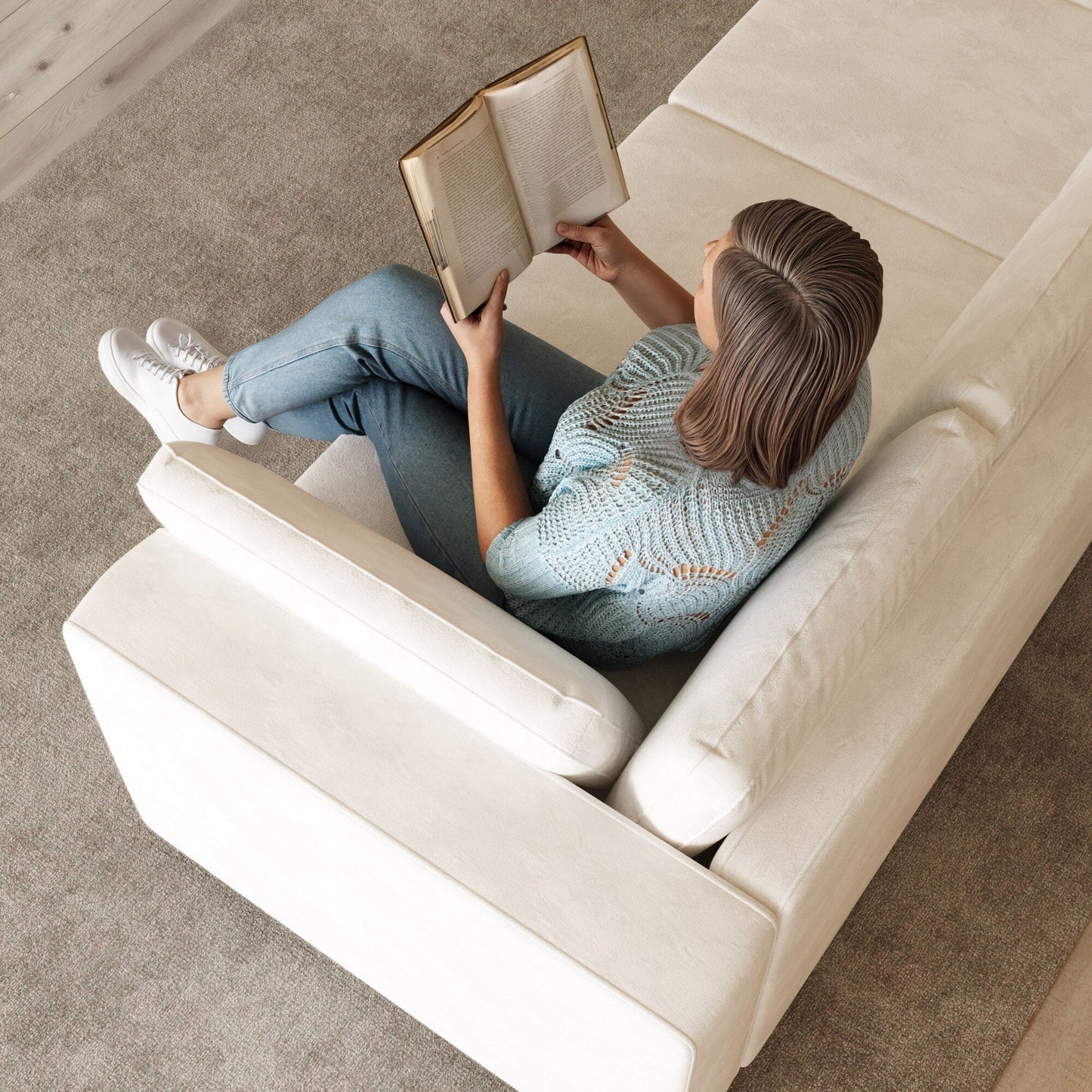 Canapé 4 places moderne en tissu chenille blanc cassé, structure en bois, mousse haute élasticité