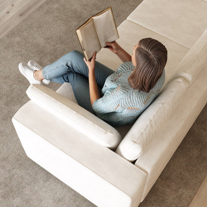 Canapé 4 places moderne en tissu chenille blanc cassé, structure en bois, mousse haute élasticité