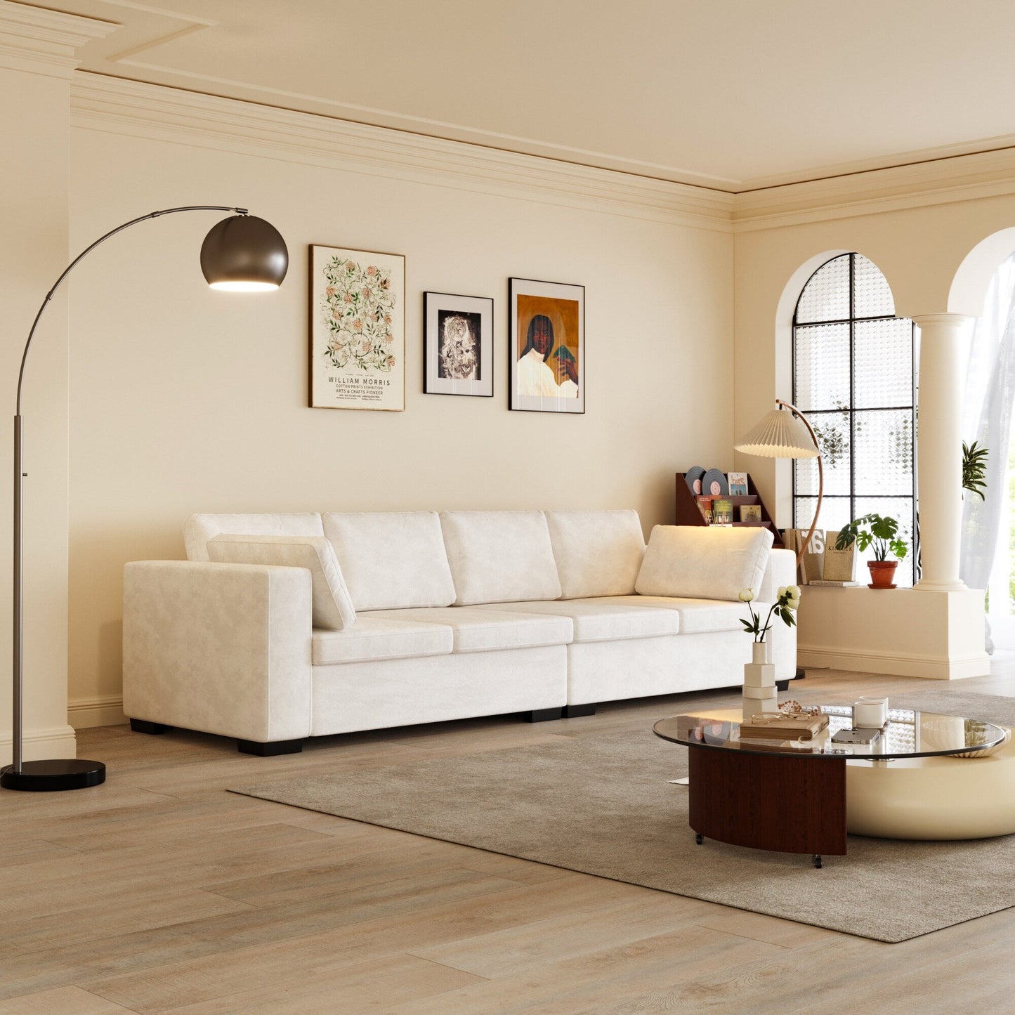 Canapé 4 places moderne en tissu chenille blanc cassé, structure en bois, mousse haute élasticité