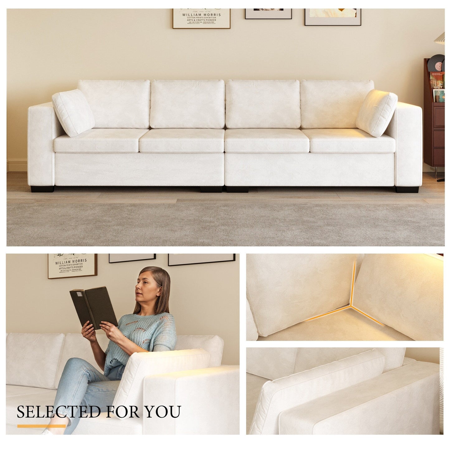 Canapé 4 places moderne en tissu chenille blanc cassé, structure en bois, mousse haute élasticité