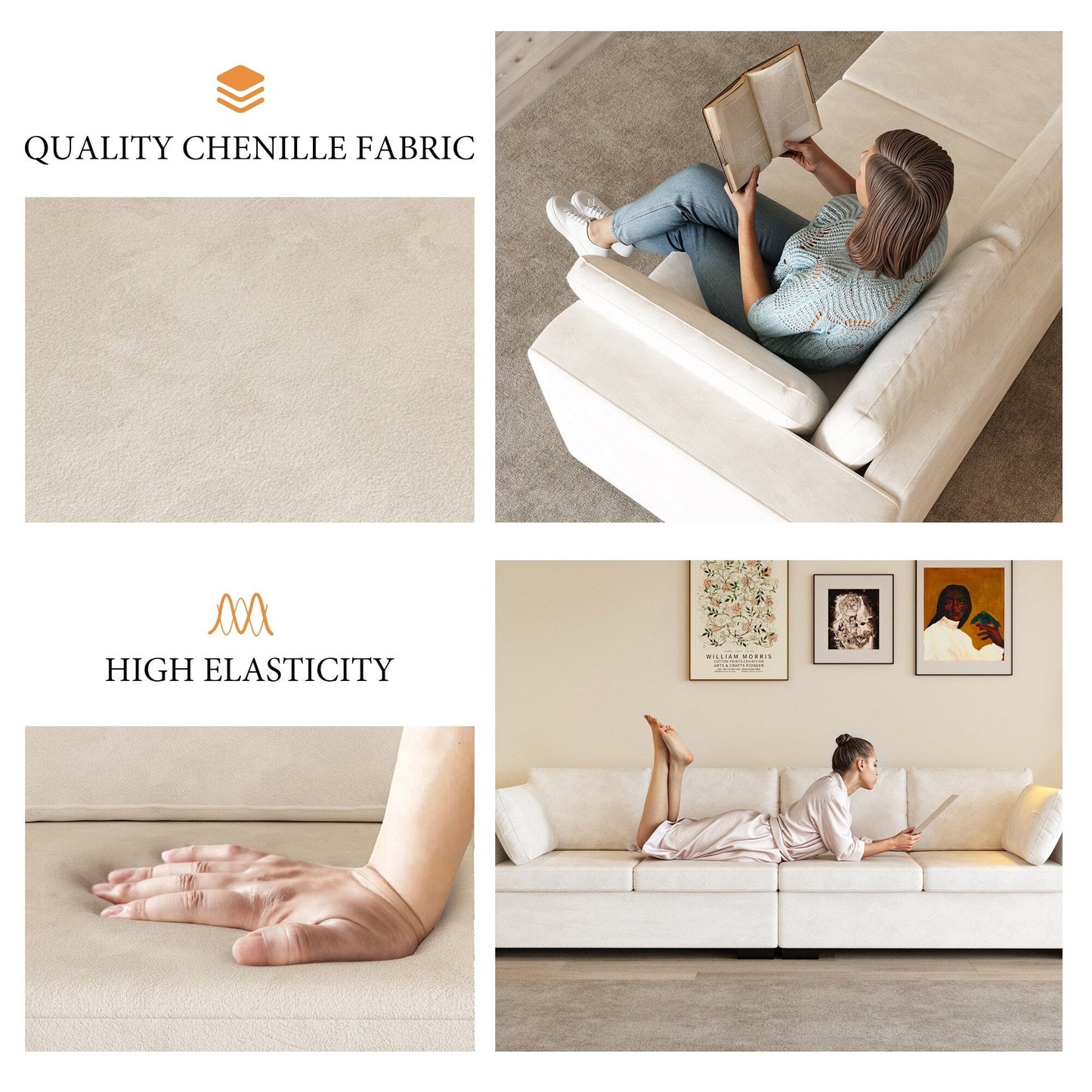 Canapé 4 places moderne en tissu chenille blanc cassé, structure en bois, mousse haute élasticité