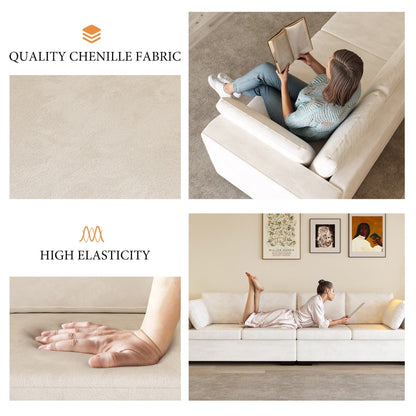 Canapé 4 places moderne en tissu chenille blanc cassé, structure en bois, mousse haute élasticité