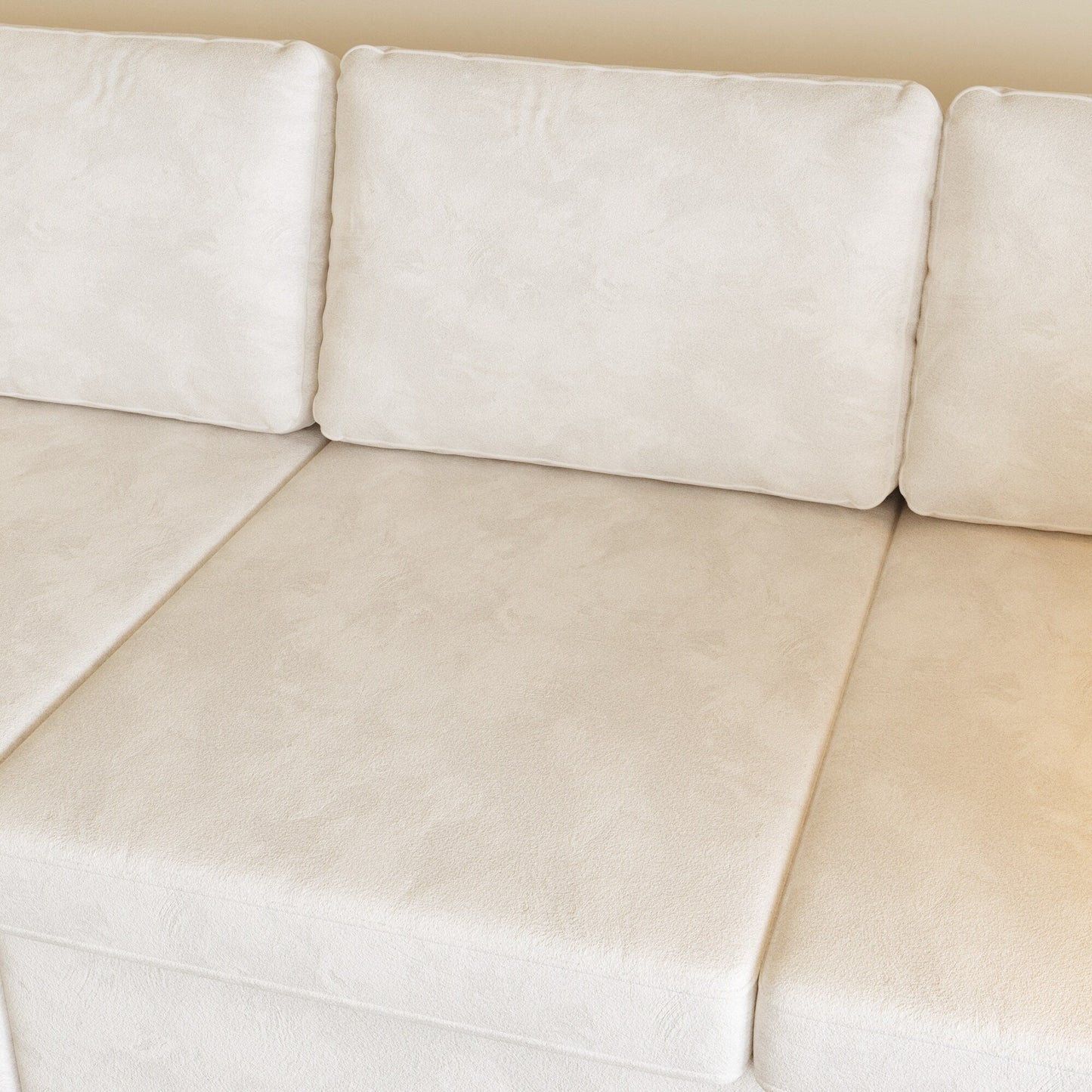 Canapé 4 places moderne en tissu chenille blanc cassé, structure en bois, mousse haute élasticité