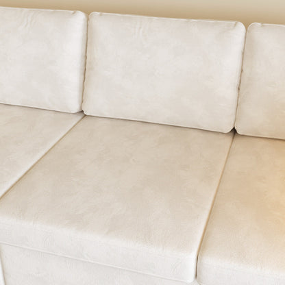 Canapé 4 places moderne en tissu chenille blanc cassé, structure en bois, mousse haute élasticité