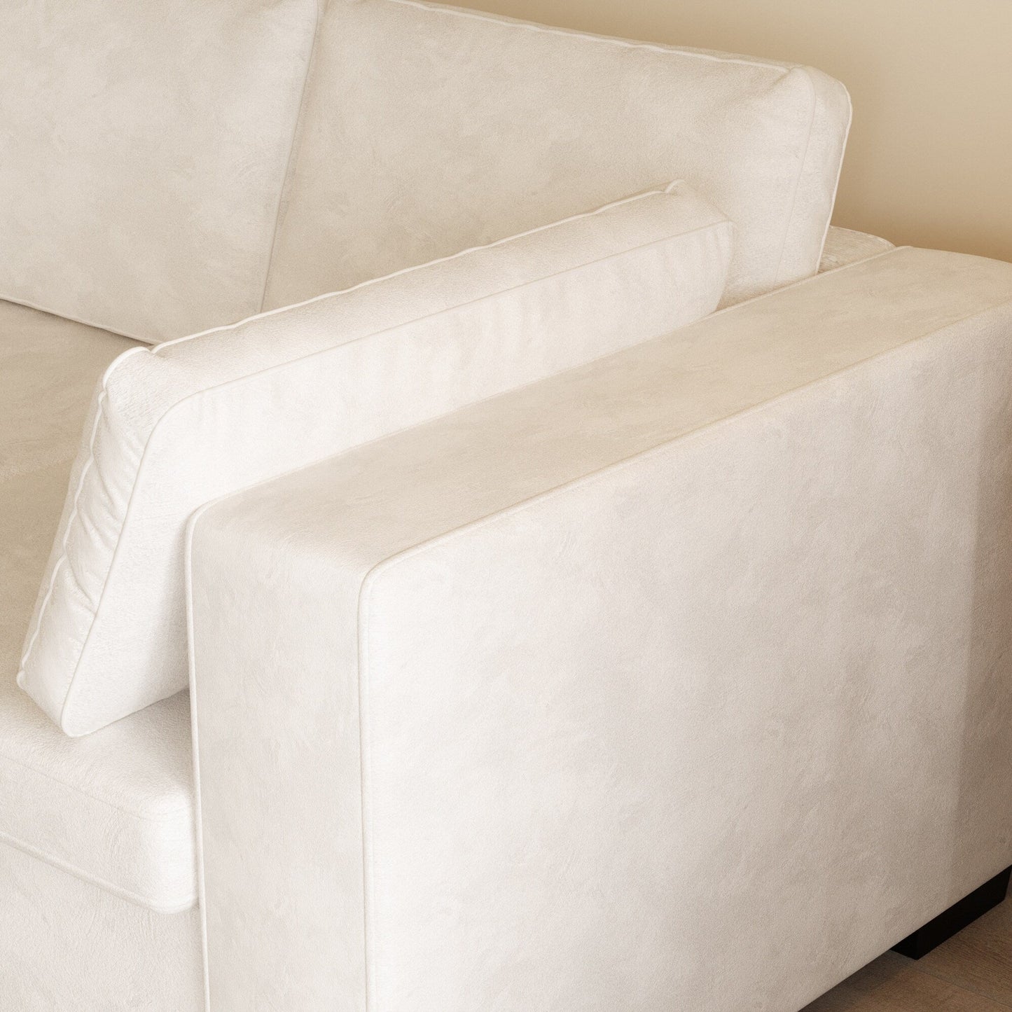 Canapé 4 places moderne en tissu chenille blanc cassé, structure en bois, mousse haute élasticité