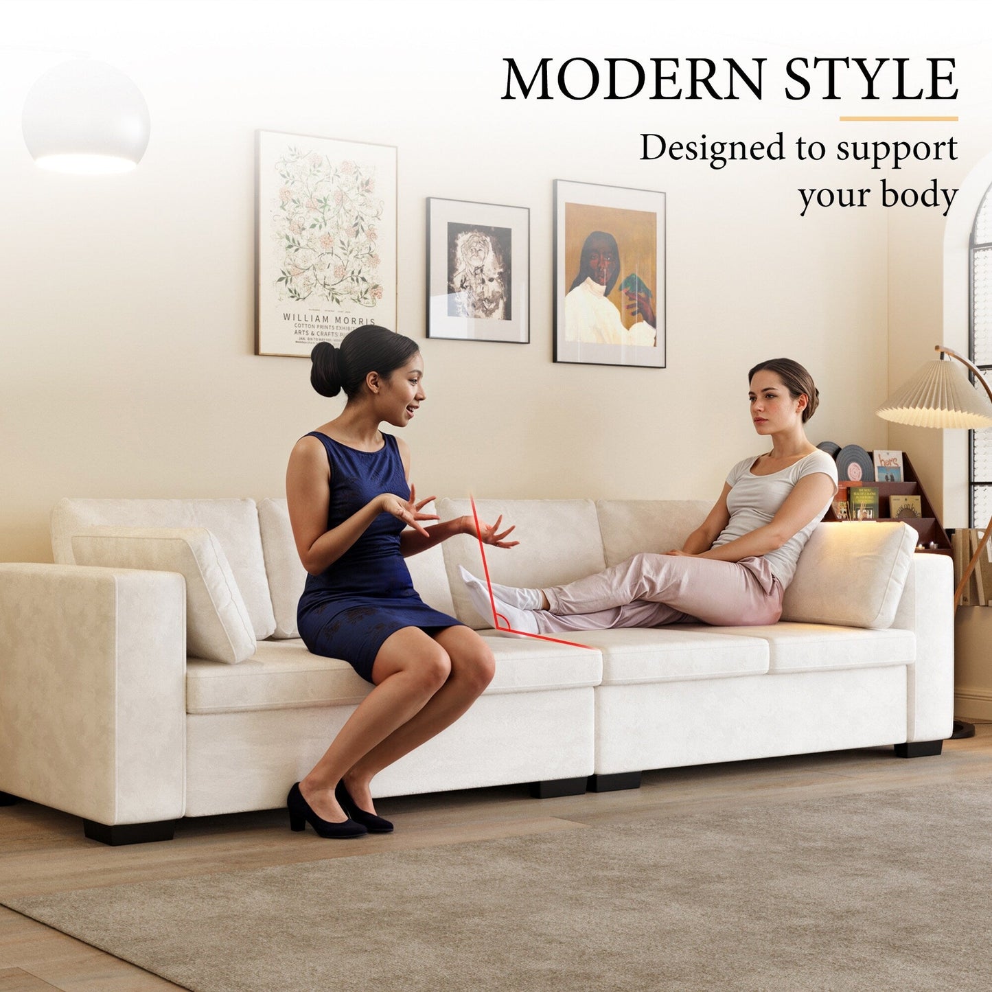 Canapé 4 places moderne en tissu chenille blanc cassé, structure en bois, mousse haute élasticité